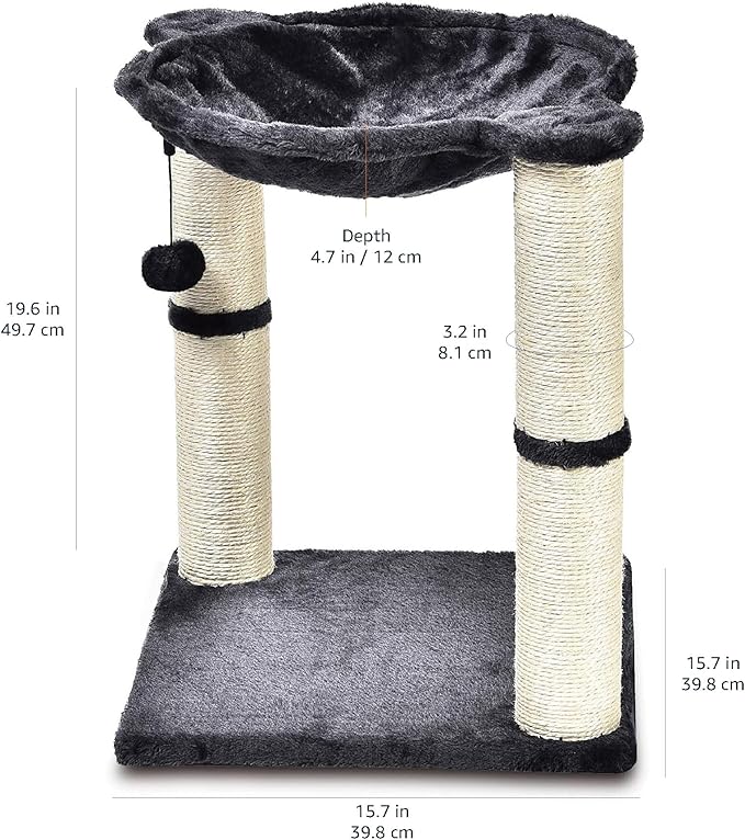 Amazon Basics Cat Condo Tower with Hammock Bed and Scratching Post,Easy to Assemble,Plush Hammock,Interactive Hanging Ball, Durable Sisal Scratch Posts for Indoor Cats, 15.8 x 15.8 x 19.7 Inches, Gray-Mewly Pet