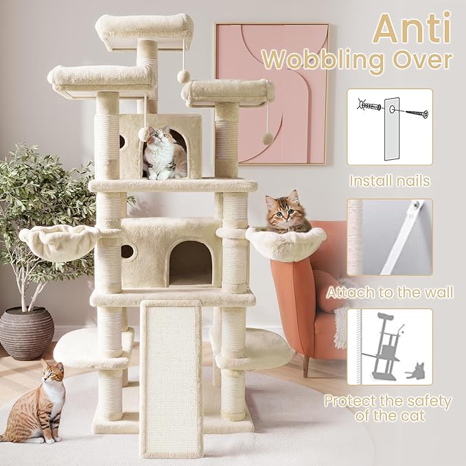 SHA CERLIN 68 Inches Multi-Level Large Cat Tree for Large Kitties/Big Cat Tower with Condo/Cozy Plush ‌Pussycat Perches/Sisal Scratching Posts and Hammocks/Activity Center/Beige-Mewly Pet