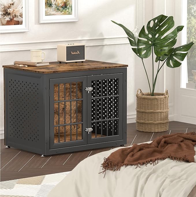 32" Heavy Duty Dog Crate Furniture for Small and Medium Dogs, Metal Kennel for High Anxiety Dogs, Chew Proof Pet Cage Indoor, Decorative Dog Kennel End Table-Mewly Pet