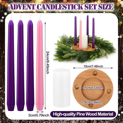 Mumufy 6 Pcs Advent Candle Holder Set Nativity Christmas Centerpiece Religious Decorations Rustic Wooden Advent Candlestick Holders with Purple Pink Taper Candles for Thanksgiving Christmas Nativity