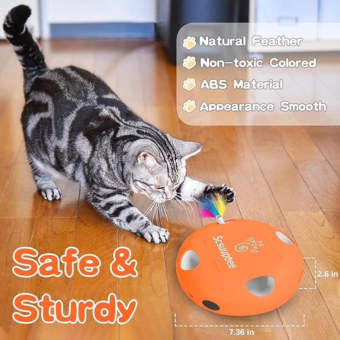 Interactive Cat Toy, Electric Cat Toys for Moving Concealed Feathers, Smart Sensor 7 Holes Whack a Mole Feather Toy, USB Charge Automatic Kitten Toys,Orange-Mewly Pet