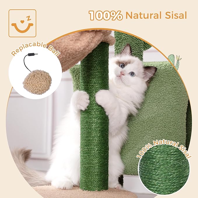 Cactus Cat Tree Small Cat Tower with 32 Inches Scratching Post with Cats Condo House, Cozy Hammock and Removable Top Bed and Dangling Ball for Indoor Cats-34” Green-Mewly Pet