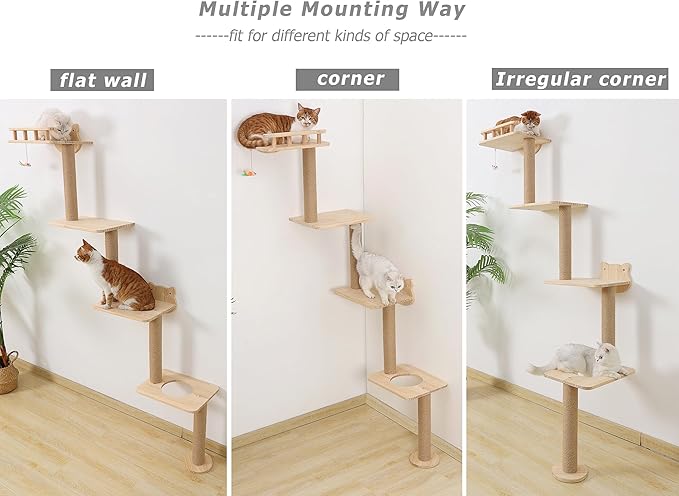 Cat Tree Wall Mounted with 4 Levels Shelves, 73" Wood Corner Tower Inside Kitten Scratching Post for Climbing,Perching and Lounging (Right to Left)-Mewly Pet