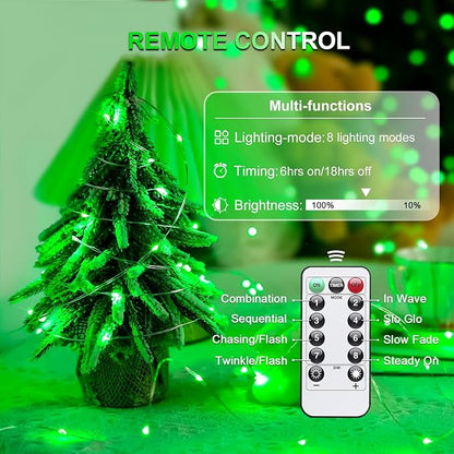 JMEXSUSS 2 Pack Green Fairy Lights Battery Operated, Total 200 LED 66ft Twinkle String Lights with Remote, 8 Modes Christmas Lights for Tree Wreath Fireplace Indoor Outdoor Halloween Xmas Decor