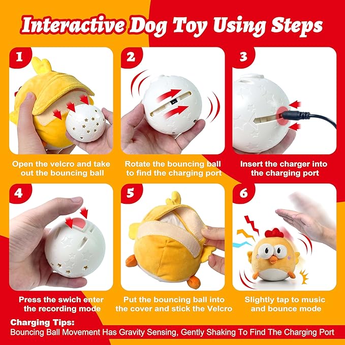 Interactive Dog Toys, Squeaky Moving Ball Toy with Jumping & Music Modes, Rechargeable Plush Chew Toys for Small/Medium/Large Dogs to Keep Puppy Busy Pet Toys (Chick)-Mewly Pet