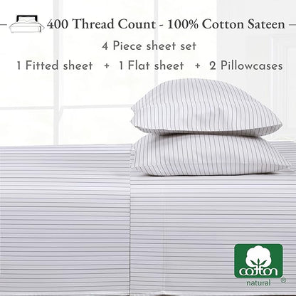 California Design Den California King Sheet Sets - 400 Thread Count Sateen, Natural 100% Cotton Sheets, Deep Pocket Cooling and Durable Bedding Set - Pinstriped