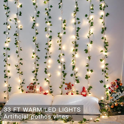suddus Vine with Fairy Light Plug in, 33ft 100 LED Pothos String Lights Connectable with Remote, Leaf Lights for Bedroom, Room, Wall, Garden, Party, Wedding Decor (Warm White)