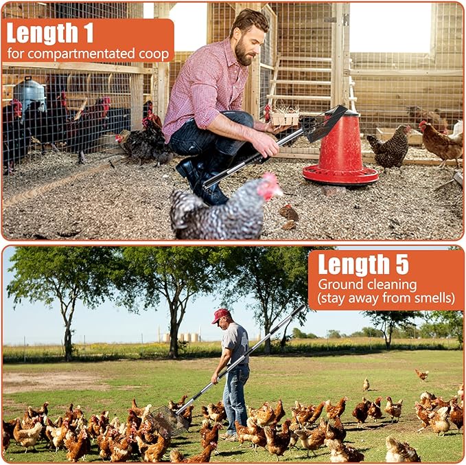 Esmorah 10 Inch Large Metal Chicken Poop Scooper for Sand & Coop Cleaning - Long Sifting Shovel with 24"-68" Adjustable Handle, 5 Lengths Heavy Duty Stainless Steel-Mewly Pet