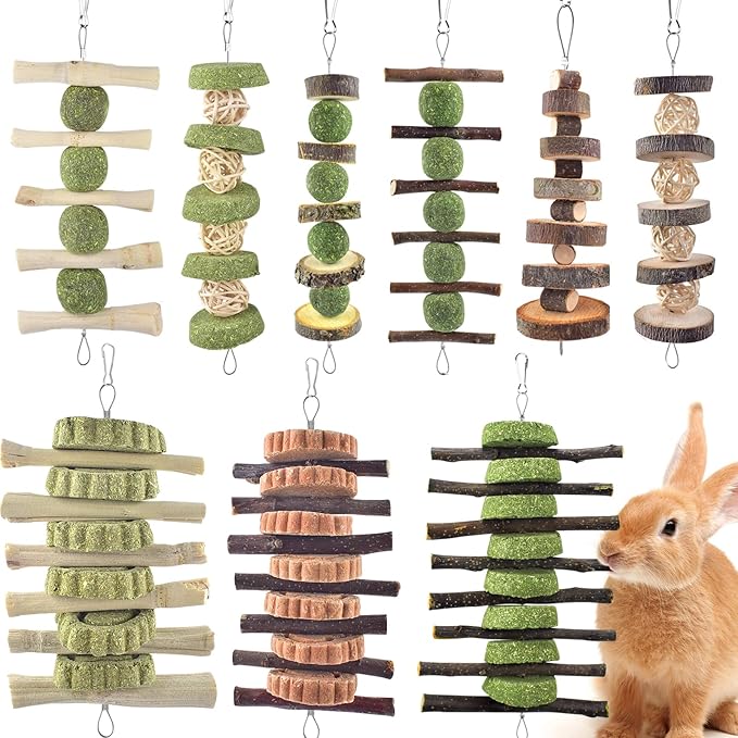 ERKOON Bunny Chew Toys, Rabbit Chew Toys for Teeth Grinding, Improve Dental Health, 100% Natural Apple Wood Timothy Grass Cake Treats for Rabbits Guinea Pigs Chinchillas Bunnies Hamsters (9 Pcs)-Mewly Pet