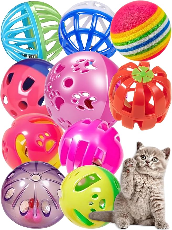 10-Pack Colorful Cat Toy Balls with Bells for Indoor Cats and Kittens (1.5'' - 2.3'', Cat Toys Mega Set)-Mewly Pet