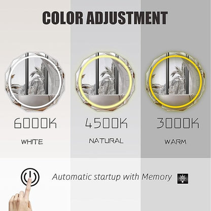 Round LED Bathroom Mirror, Beveled Edge Frameless Wall Mount Bathroom Vanity Mirror with 3-Color and Anti-Fog, 24 Inch, Silver