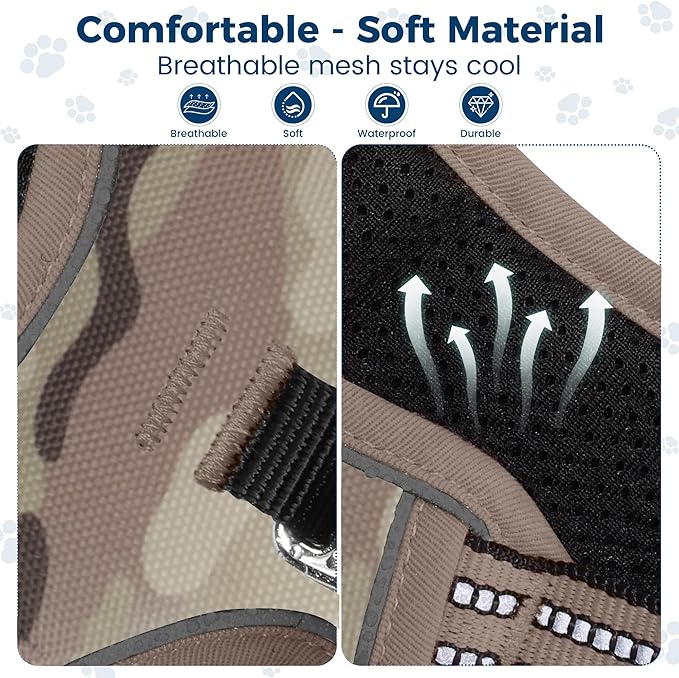 Funfox Dog Harness No Pull, Adjustable Pet Vest Harness, Super Soft Material with Vertical Handle Easy Control, Reflective Night Walking, 2 Leash Clips for Large Dogs, Camo Brown, L-Mewly Pet