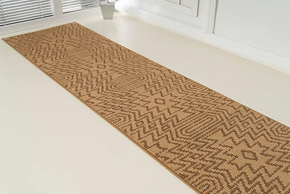 Custom Length Cut to Size Tribal Ethnic Southwestern Inspired Hallway Runner Rug, Non Slip Rubber Backed, 31 inch Wide X Customized Length, Inca Tan, 31 inch X 20 feet