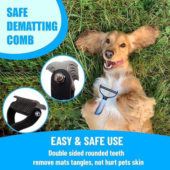 Dog Brush Grooming Kit 5PCS - Dog Brushes for Grooming, Dog Brush for Shedding,Puppy Brush and Flea Comb for Dogs, Slicker Brush Comb and Dog Hair Brush Set Blue-Mewly Pet