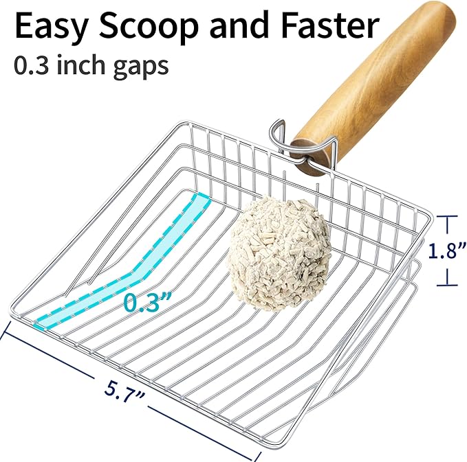 UFECODO Fast Sifting Cat Litter Scoop with Holder Stand, Stainless Steel Poop Scooper with Ergonomic Wood Handle, Heavy Duty and Easy Clean-Mewly Pet