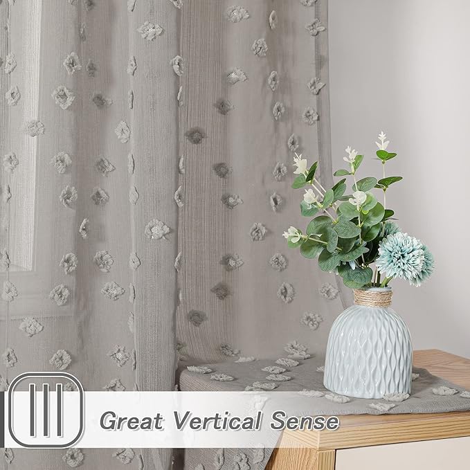 MYSKY HOME Pom Pom Grey Sheer Curtains for Bedroom Girls Room Curtains 63 inch Length for Nursery Kids Light Filtering Boho Window Drapes, Rod Pocket, 38" Wide, 2 Panels