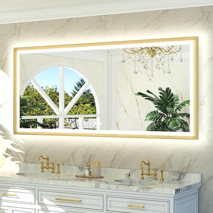 TETOTE Gold LED Bathroom Mirror with Lights 72x32 Front & Back Light Vanity Framed Mirror Baroque Anti Fog Dimmable White/Warm/Natural,CRI90+,Waterproof,Wall Mounted(Horizontal/Vertical)
