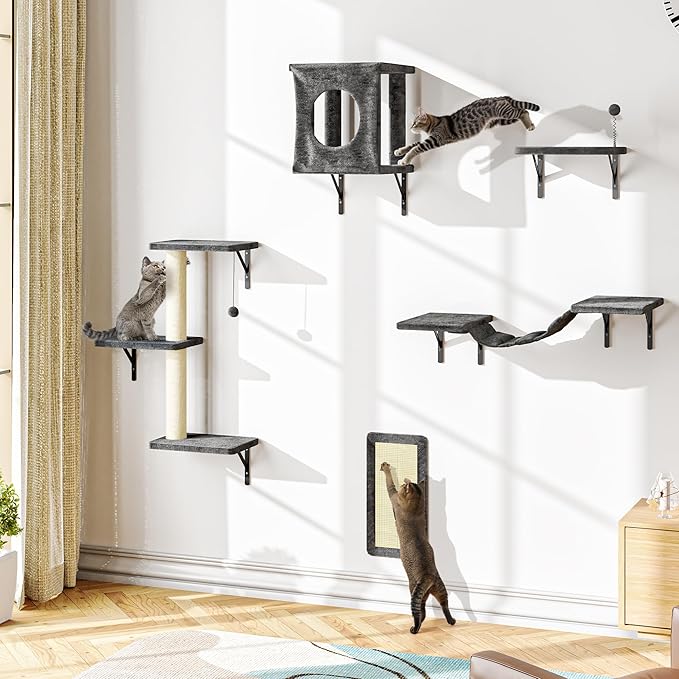 NUNU LAB Cat Wall Shelves Set, 5 Pcs Wall-Mounted Cat Climber with Cat House, Bridge, Scratching Post, Hammock, Wall Shelves, Gray