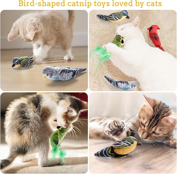 Dorakitten Cat Catnip Toys Interactive Cats 4pcs Kitten Plush Nip Chew Bird Toy with Crinkle Paper Pet Best Treats Stuffed Pillow Cute Teething Play Gifts Soft Kick Sound Supplies for Indoor Kitty-Mewly Pet