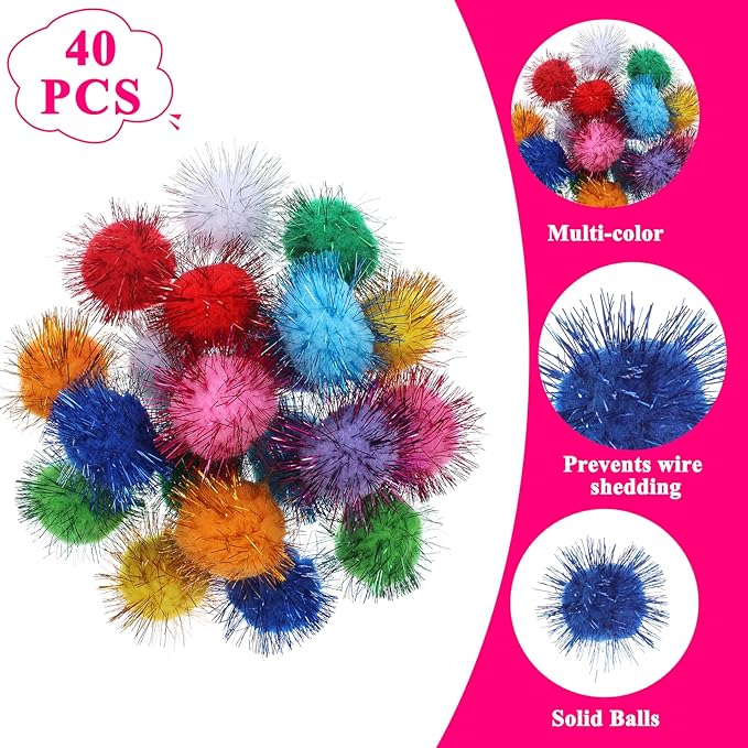 40 Pcs Pom Pom Balls for Kittens Colorful Pompom Balls for Cats Sparkle Ball for Cats Interactive Cat Toy Set for Exercise and Entertainment-Mewly Pet