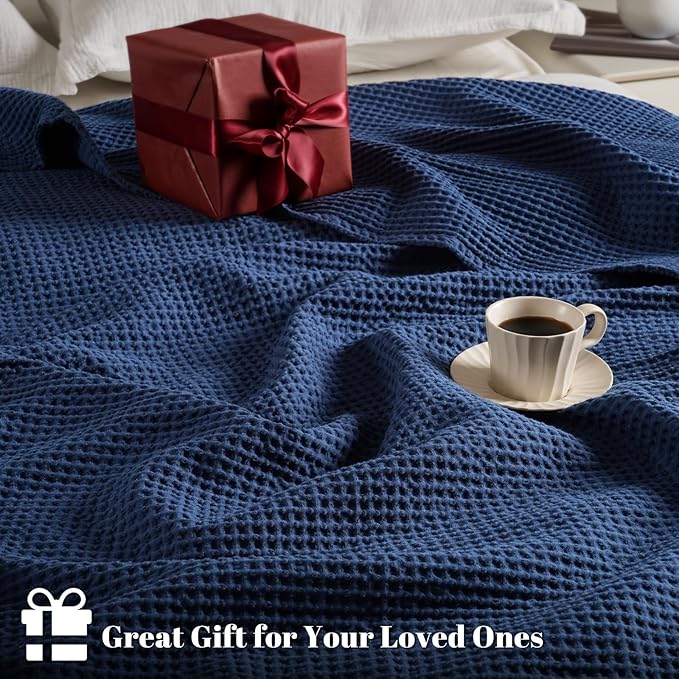 PHF 100% Cotton Waffle Weave Blanket Queen Size for Bed,Snag Proof Lightweight Breathable Throw for Couch,Great for Layering in Cold Weather,Machine Washable, Home Decor Gift-Navy Blue/Bright Blue