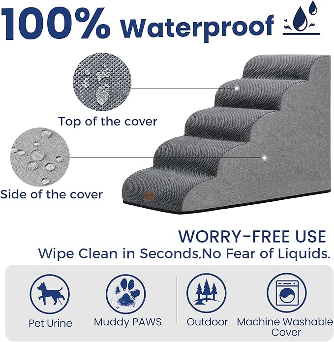 GoGoBunny Ramp Dog Stairs for High Beds 22.6" H, 5-Step Dog Slope Stairs with Durable Waterproof Fabric Cover, Pet Steps for Old Large Dogs Climbing, Non-Slip Sturdy Indoor Step, Grey-Mewly Pet