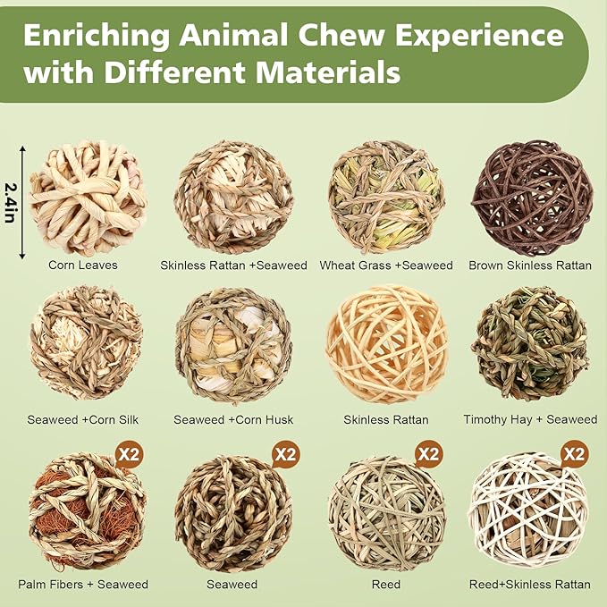 Bunny Chew Grass Balls, Rolling Chew Toys for Small Animals, Improving Dental Health, Natural Chew Grass Toys for Rabbits, Guinea Pigs, Chinchillas, Hamsters, Mice (16 Pcs)-Mewly Pet
