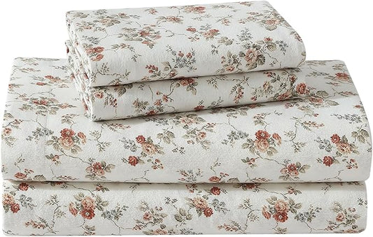 Laura Ashley - Flannel Sheets King Size, Anti-Pilling & Wrinkle Resistant Cotton, Touchably Soft for All-Season Comfort - Bed Sheets with Matching Pillowcases & Fitted Sheet (Le Fleur Orange)