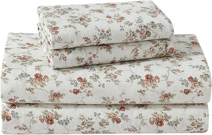 Laura Ashley - Flannel Sheets Twin Size, Anti-Pilling & Wrinkle Resistant Cotton, Touchably Soft for All-Season Comfort - Bed Sheets with Matching Pillowcase & Fitted Sheet (Le Fleur Orange)