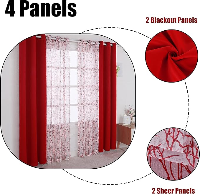 BONZER Mix and Match Curtains - 2 Pieces Branch Print Sheer Curtains and 2 Pieces Blackout Curtains for Bedroom Living Room Grommet Window Drapes, 37x63 Inch/Panel, Red, Set of 4 Panels
