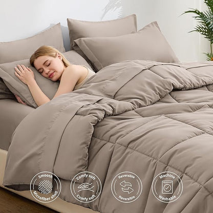Love's cabin California King Comforter Set Light Brown, 7 Pieces California King Bed in a Bag, All Season Bedding Sets with 1 Comforter, 1 Flat Sheet, 1 Fitted Sheet, 2 Pillowcase and 2 Pillow Sham