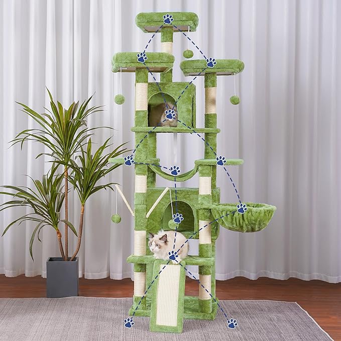 Hey-brother Cat Tree, 71 inches XL Large Cat Tower for Indoor Cats, Multi-Level Cat House with 3 Padded Perches, Big Scratcher, Cozy Basket, 2 Cat Condos and Scratching Posts, Green MPJ034GR-Mewly Pet