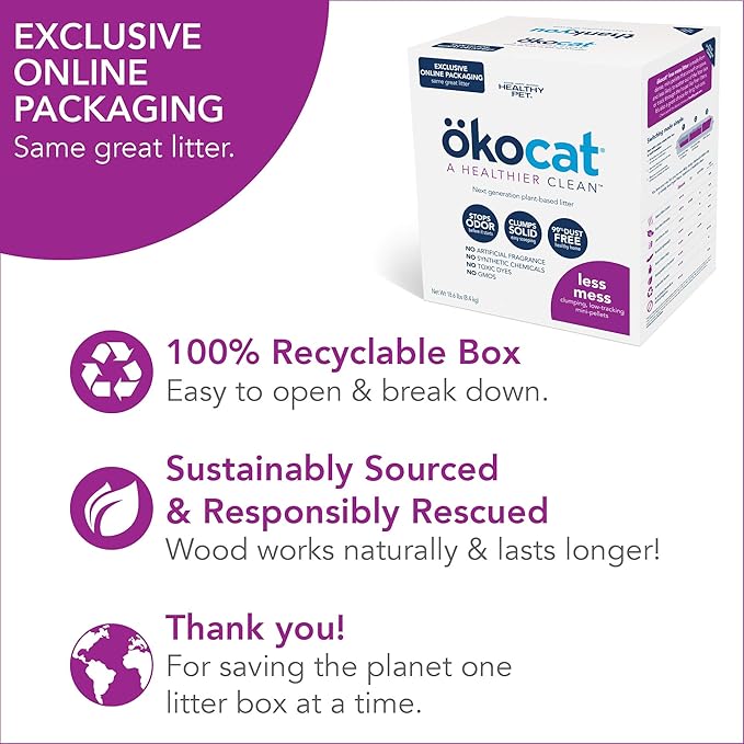 ökocat Less Mess Low Tracking Wood Clumping Cat Litter Mini- Pellets, Unscented, 18.6 pounds - Natural Ingredients, Stops Odor, Clumps Solid, 99% Dust Free, Great for Long-Hair Breeds-Mewly Pet