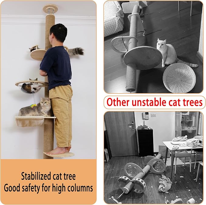Floor to Ceiling Cat Tree Height (50-120 in) Adjustable Cat Tower 5 Tier Hemp Scratching Post High Cat Tree Sturdy Activity Tree Indoor Outdoor Cat Scratching Post Activity Center-Mewly Pet
