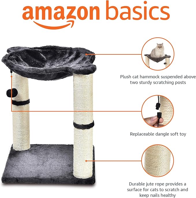 Amazon Basics Cat Condo Tower with Hammock Bed and Scratching Post,Easy to Assemble,Plush Hammock,Interactive Hanging Ball, Durable Sisal Scratch Posts for Indoor Cats, 15.8 x 15.8 x 19.7 Inches, Gray-Mewly Pet