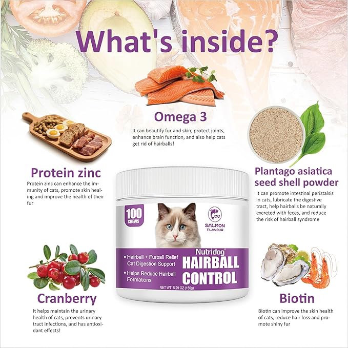 Hairball Treats for Cats - Hairball Remedy Chews with Omega 3&6, Psyllium Husk, Zinc & Biotin - Salmon Flavor for Hairball Control, Digestive Health & Skin Support, 100ct (ND-044)-Mewly Pet