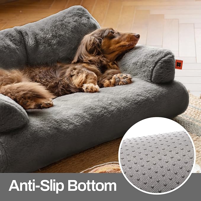 MEWOOFUN Dog Couch, Supportive Small Dog Bed for Puppy and Cats with Removable Washable Cover, Fluffy Cat Couch with Non-Slip Bottom (Dark Grey, 26.0" L X 19.0" W X 13.0" Th)-Mewly Pet