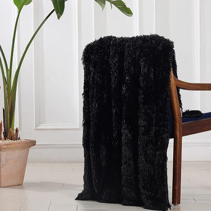 Tuddrom Decorative Extra Soft Faux Fur Blanket Queen Size 80" x 90",Solid Reversible Fuzzy Fluffy Cozy Plush Fleece Comfy Microfiber Fur Blanket for Couch Sofa Bed,Black