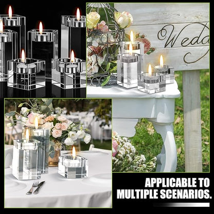 12 Pcs Crystal Tea Light Candle Holders Glass Votive Candle Stands Square Candlestick Holders for Wedding Dining Living Room Centerpiece Decorations, 1.57", 3.15", 3.94"