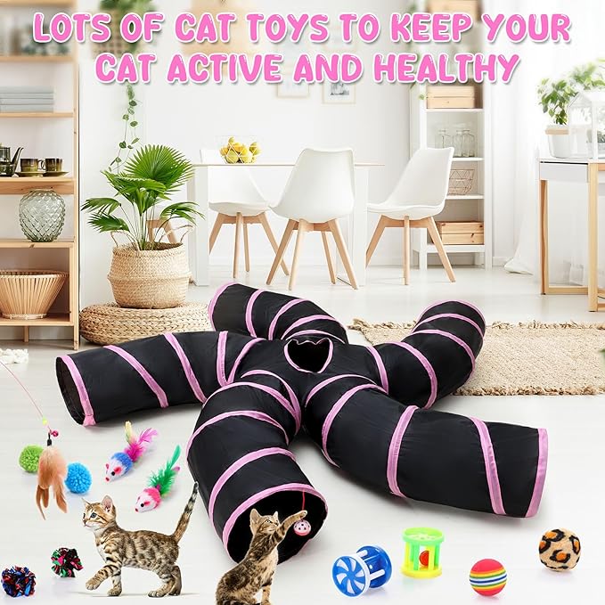 Poen 21 Pcs Cat Tunnel for Indoor Set Collapsible 5 Way Tubes with 20 Pcs Cat Kitten Toys Interactive Feather Toy Mouse Crinkle Balls Tube for Puppy Kitten Rabbit(Pink Black)-Mewly Pet