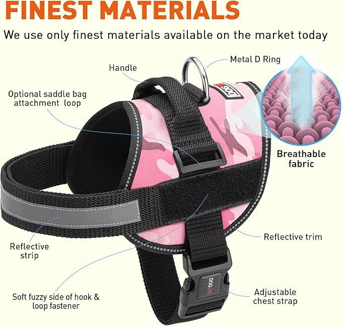 Dogline Dog Harness, Reflective No-Pull Adjustable Vest with Handle for Walking, Training, Breathable, No - Choke Harness for Small, Medium or Large Dogs Room for Patches Girth 15 to 18 in Pink Camo-Mewly Pet