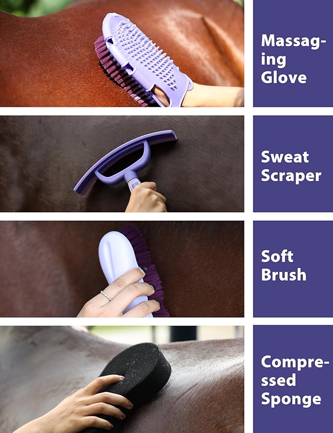 11PCS Horse Grooming Kit Curry Comb Sweat Scraper Horse Bathing Supplies Grooming Tools with Storage Bag Sugar Taro-Mewly Pet