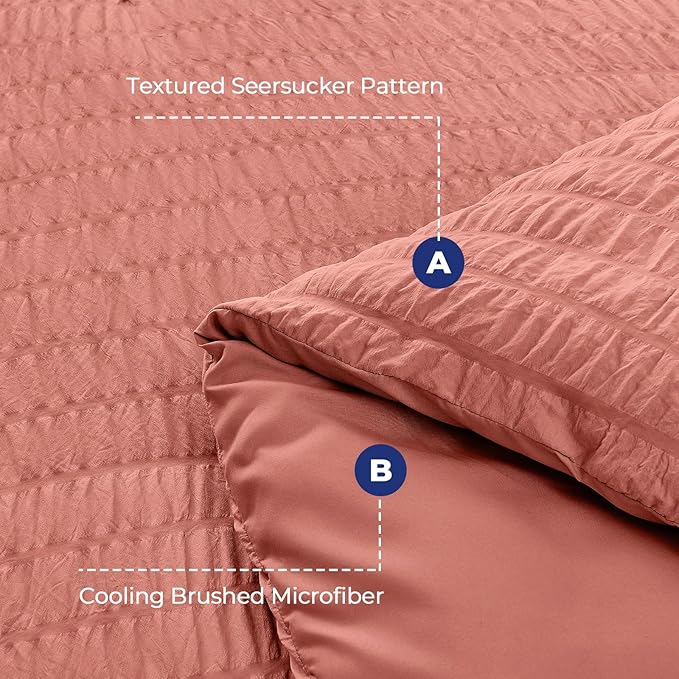 HYMOKEGE Coral Full Size Comforter Sets Seersucker 7 Pieces, All Season Luxury Bed in a Bag for Bedroom, Bedding Set with Comforter, Sheets, Pillowcases & Shams