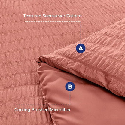 HYMOKEGE Coral Full Size Comforter Sets Seersucker 7 Pieces, All Season Luxury Bed in a Bag for Bedroom, Bedding Set with Comforter, Sheets, Pillowcases & Shams