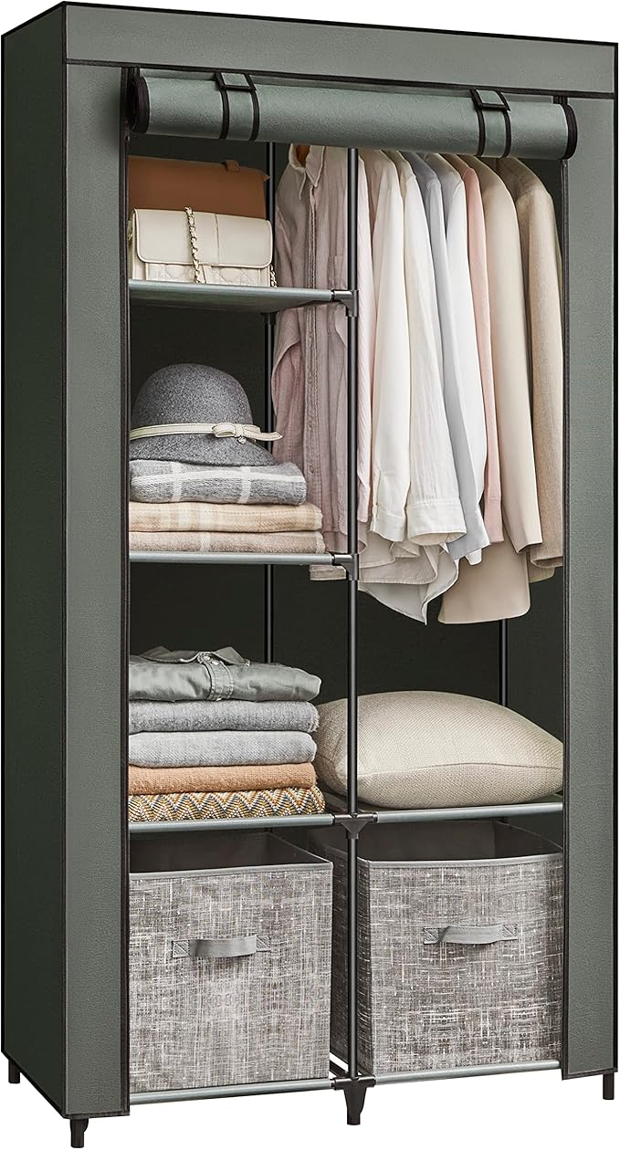 SONGMICS Portable Closet, 34.6 Inch Large Capacity Wardrobe Closet Organizer with Fabric Cover, Hanging Rods and Shelves, 34.6 x 17.7 x 66.1 Inches, for Bedroom, Living Room, Sage Green URYG084C02