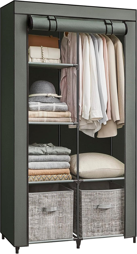 SONGMICS Portable Closet, 34.6 Inch Large Capacity Wardrobe Closet Organizer with Fabric Cover, Hanging Rods and Shelves, 34.6 x 17.7 x 66.1 Inches, for Bedroom, Living Room, Sage Green URYG084C02