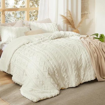 Bedsure Tufted Boho Comforter Set Oversized King - Ivory Boho Bed Set, GentleSoft™ 3 Pieces Farmhouse Shabby Chic Embroidery Bedding, Gifts for Woman, Soft Jacquard Comforter for All Seasons