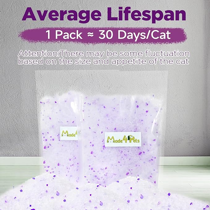 Made4Pets Cat Litter Crystals Kitty Litter Odor Control Crystal Litter Non Clumping No scooping Low Dust, Low Tracking, Lightweight, Dehydrates Waste,Lavender– 13.2 lbs (4 x 3.3 lb Packs)-Mewly Pet