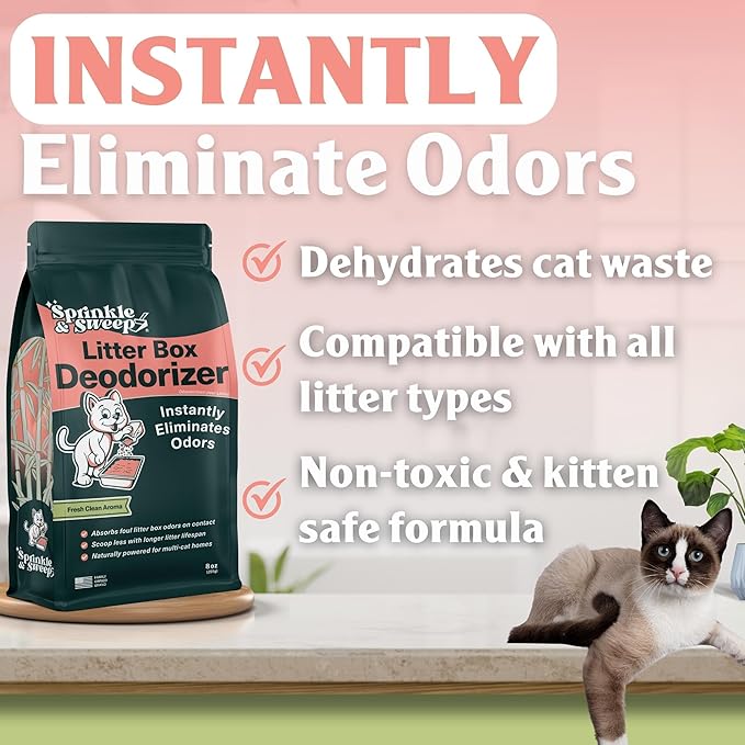Sprinkle & Sweep Litter Box Deodorizer - Cat Litter Deodorizer Non Toxic and Safe for Kittens - Instantly Eliminates Foul Smells and Urine Odors (Bag, Sifter & Spray)-Mewly Pet