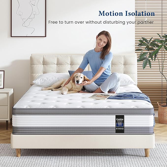 Coolvie Queen Mattress 12 Inch Queen Size Mattresses in A Box Hybrid Mattress Individual Pocket Springs Mattresses with Memory Foam Layer Medium Firm Provide Motion Isolation & Cool Sleep
